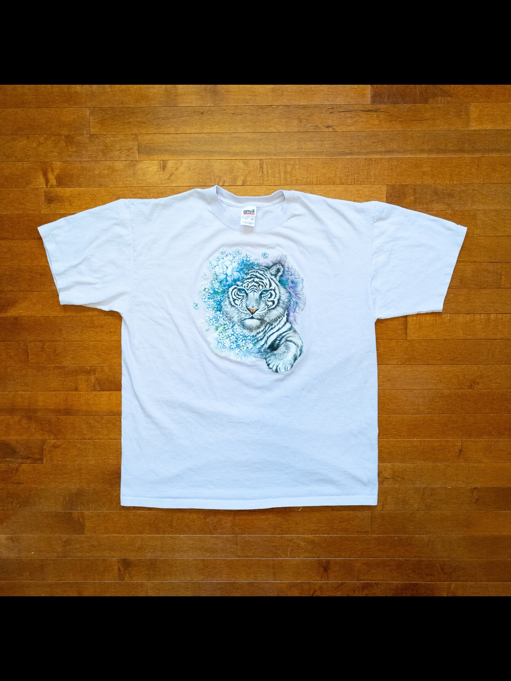 90s Joan Marie White Tiger Floral Lavender Anvil Cotton Graphic Tee - Mens XL
